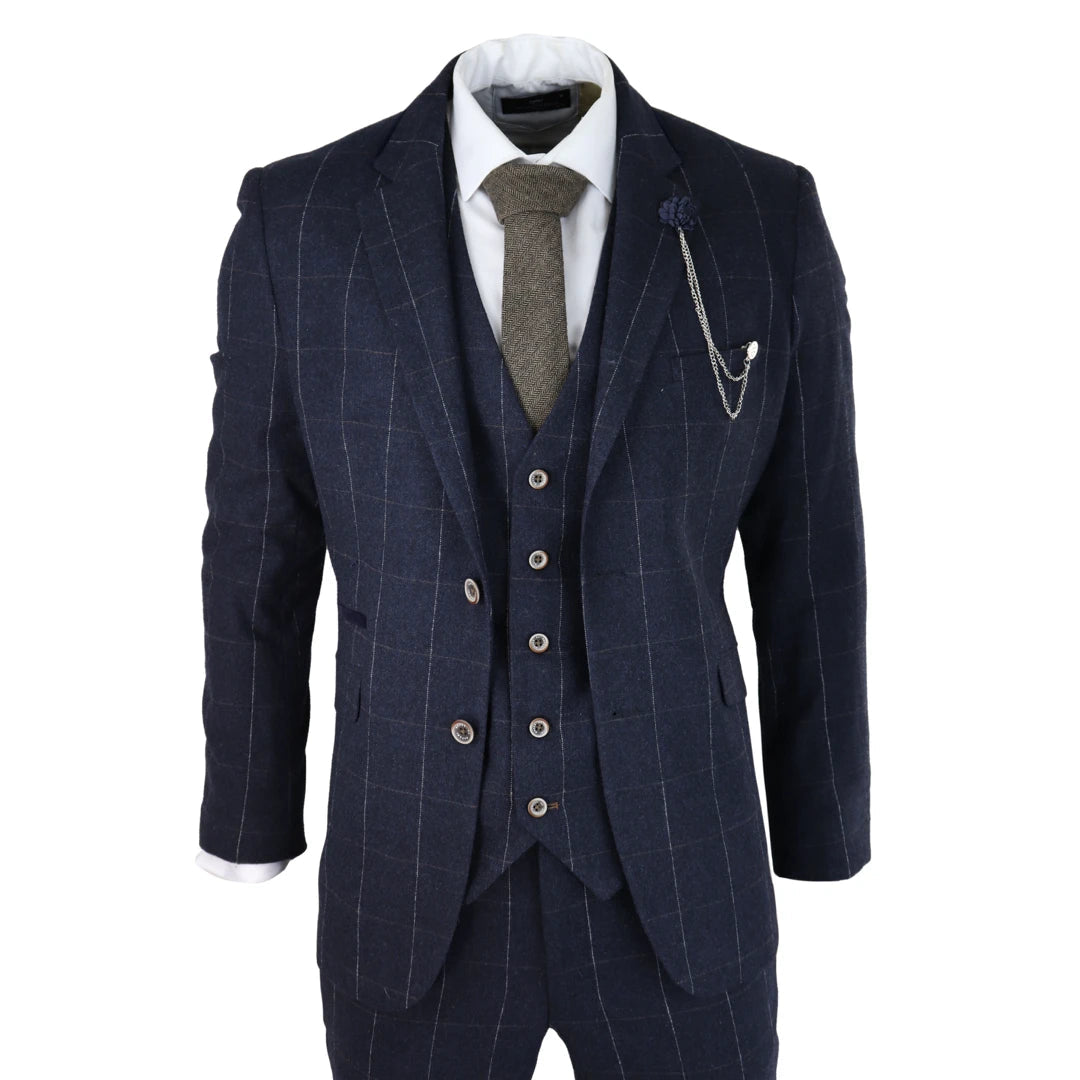 Bomber Jackets Angels - Men's Navy Check 3 Piece Suit Wool Tweed Classic 1920s Wedding