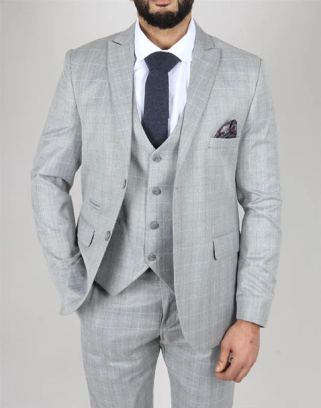 Techwear Fashion Men's Light Grey Suit Prince Of Wales Check Tailored Fit 3 Piece Formal Dress