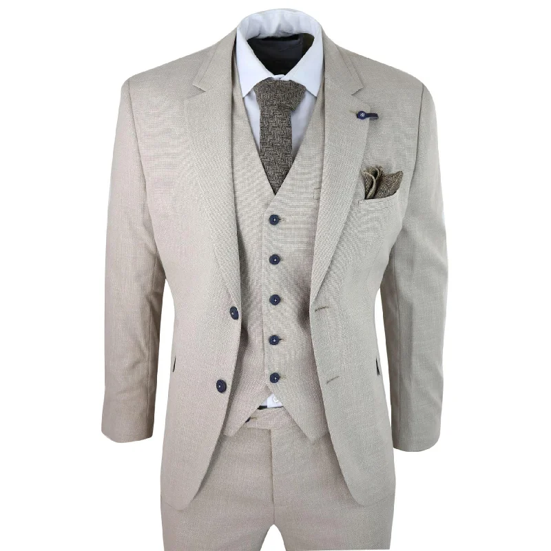 Cozy Apparel Mens 3 Piece Suit Linen Beige Cream 2 Button Tailored Fit Classic Retro