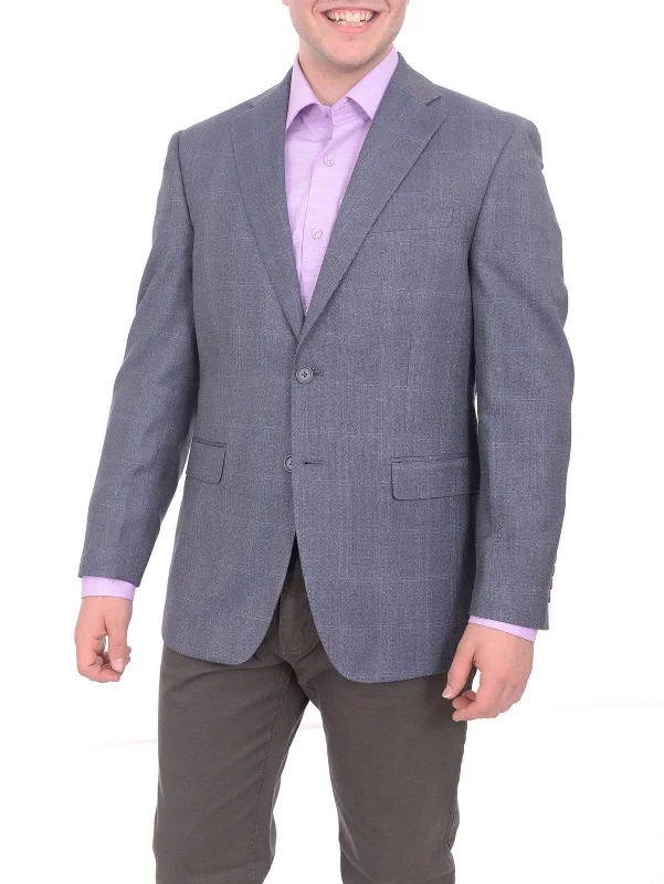 Jogging Jackets I Uomo Men's Blue Windowpane Plaid Two Button Silk Wool Blazer Sportcoat