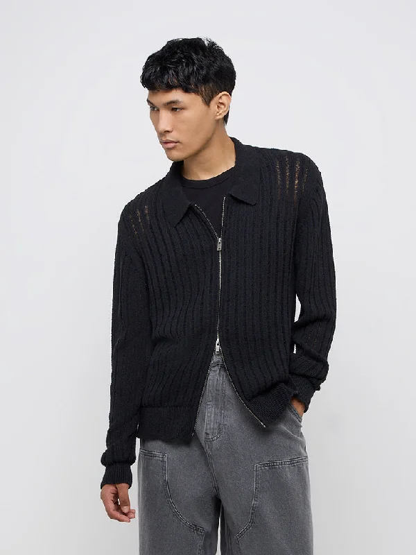 Tailored Coats Nuon Black Self-Striped Slim-Fit Cotton-Blend Jacket