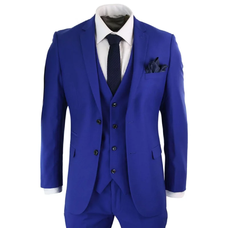 Effortless Style Mens 3 Piece Royal Blue Tailored Fit Complete Suit Best Man Groom Prom Wedding