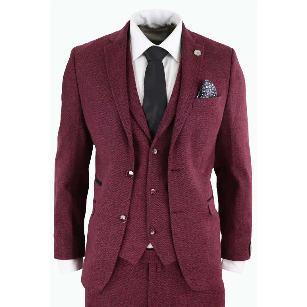 Relaxed Wear STZ11 - Men's Wool 3 Piece Suit Tweed Burgundy Black Classic