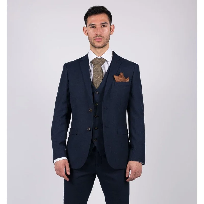 Boho Menswear Mens Navy 3 Piece Suit Tailored Fit Smart Formal Classic Wedding Retro Vintage