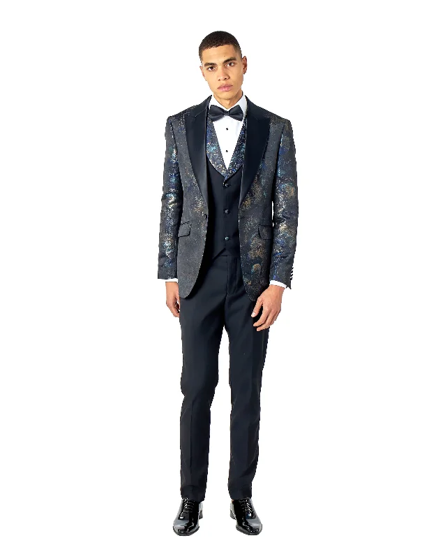 Lightweight Coats ALINO – BLACK BLUE PRINTED TUXEDO DINNER JACKET