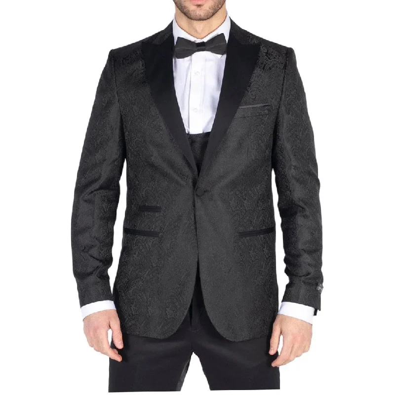 Premium Fabric Mens Paisley Tuxedo Blazer And Waistcoat Brocade Dinner Jacket Satin Black Fit