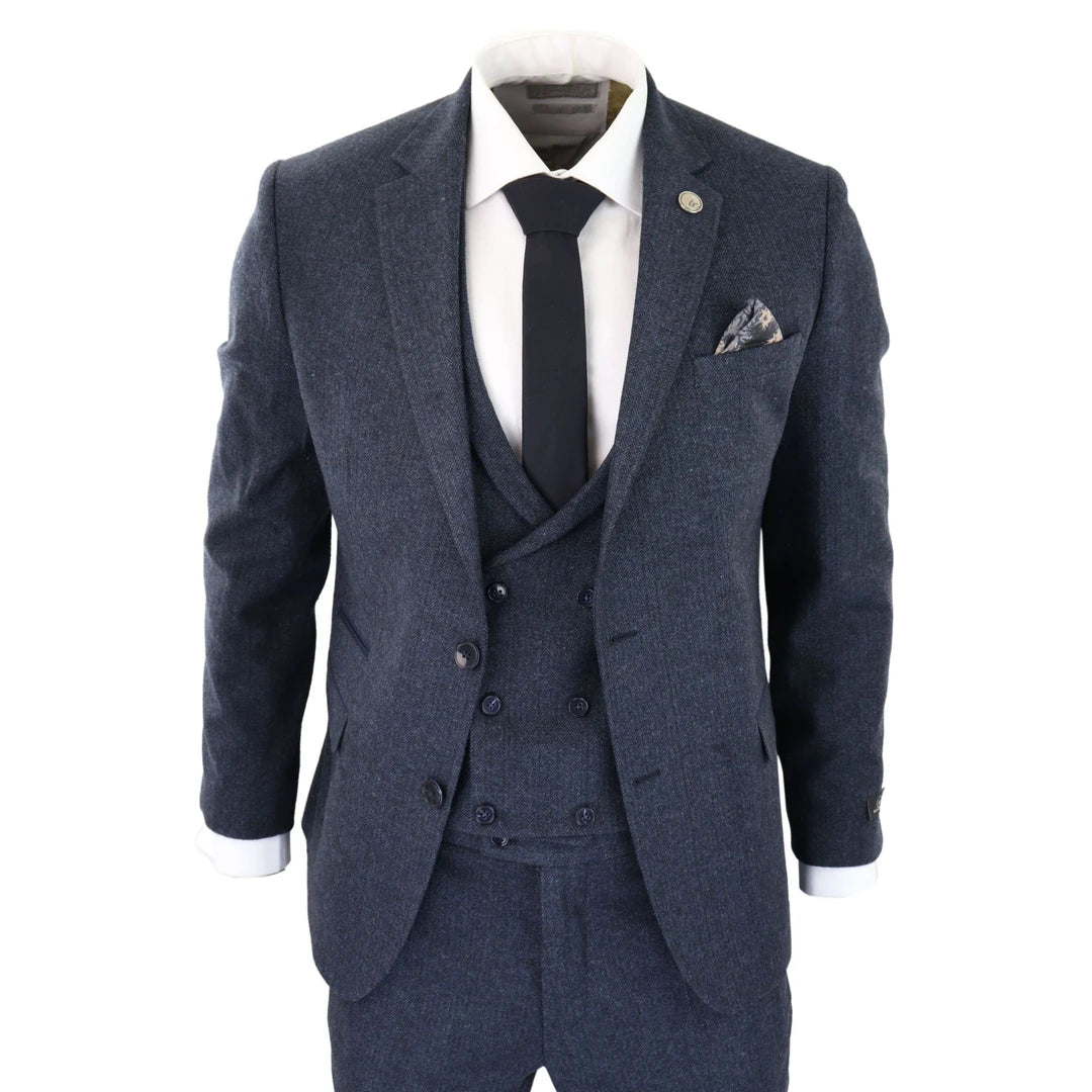 Soft T-Shirts WS25 - Men's 3 Piece Tweed Suit Blue Double Breasted Waistcoat