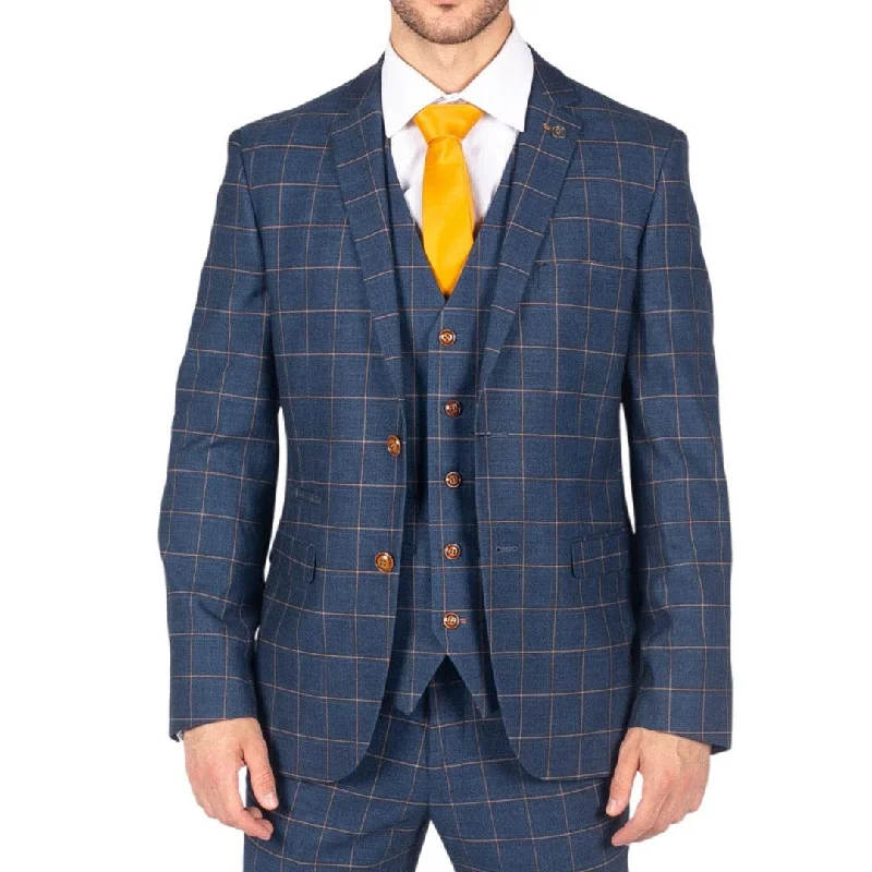 Lightwear Options Mens 3 Piece Blue Orange Check Suit Retro Smart Tailored Fit Vintage