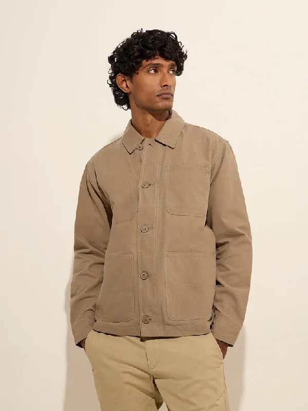 Casual Cardigans WES Casuals Khaki Relaxed-Fit Cotton Jacket