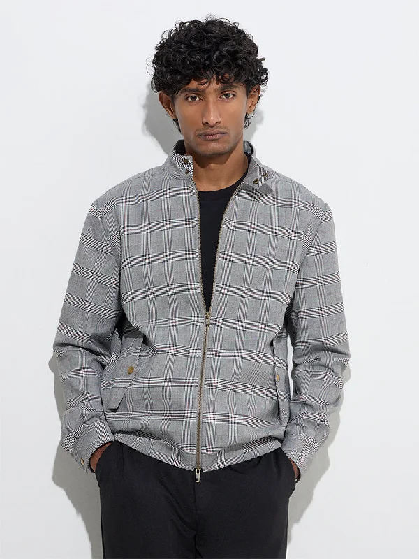 Everyday Essentials WES Formals Grey Houndstooth Checkered Slim-Fit Jacket