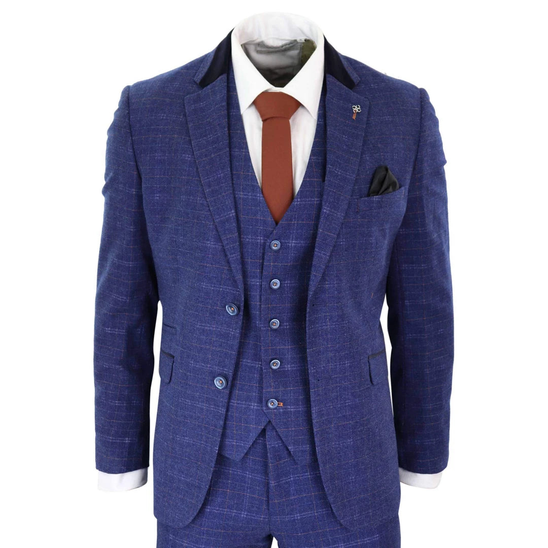 Casual Cardigans Kaiser - Men's Blue Tweed Check 3 Piece Suit Classic 1920's