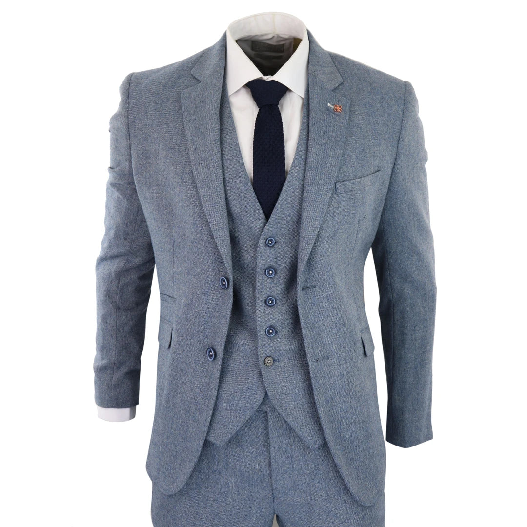 Everyday Wear Wells - Men's 3 Piece Wool Suit Light Blue Tweed 1920s Classic 4 Pocket Waistcoat