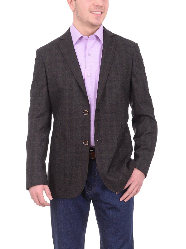 Sporty Chic Zanetti Modern Fit Brown Plaid Wool Blazer Sportcoat With Patch Pockets