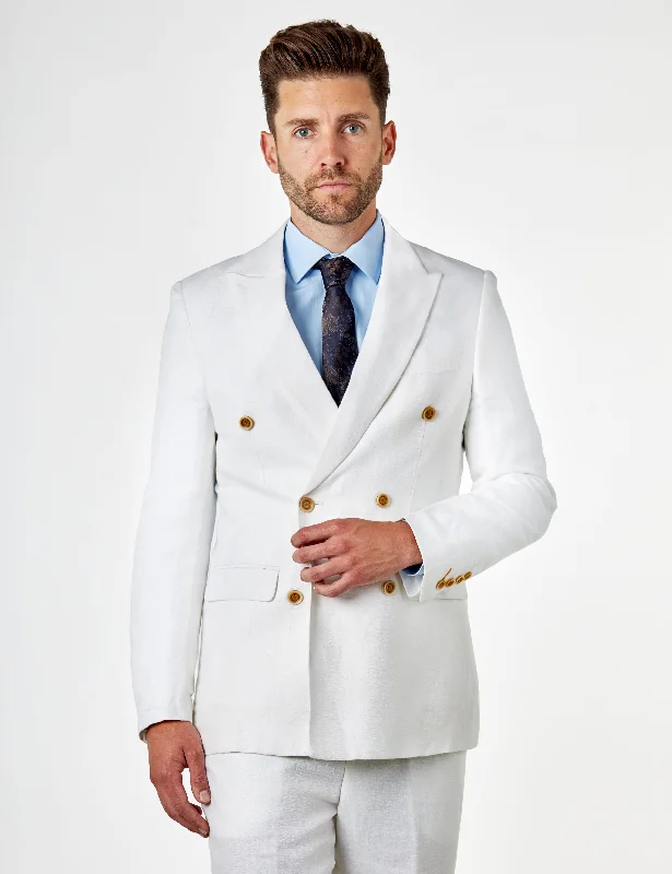 Casual Trends RAY - Tailored Fit Off White Herringbone Linen Double Breasted Jacket