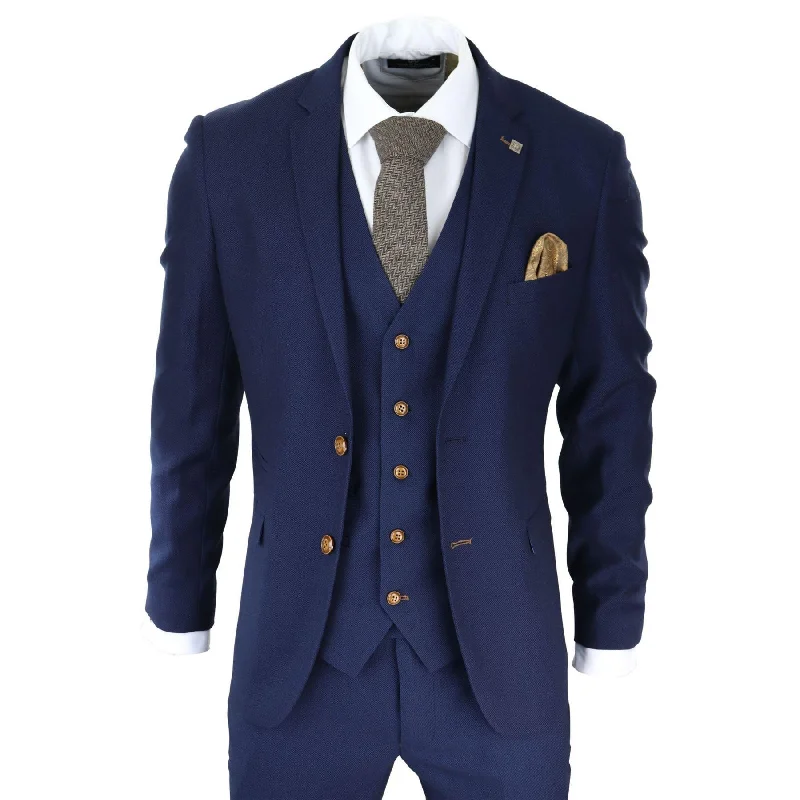 Stylish Sneakers Mens Navy 3 piece Suit Brown Trim Classic Birdseye Vintage Wedding Grooms