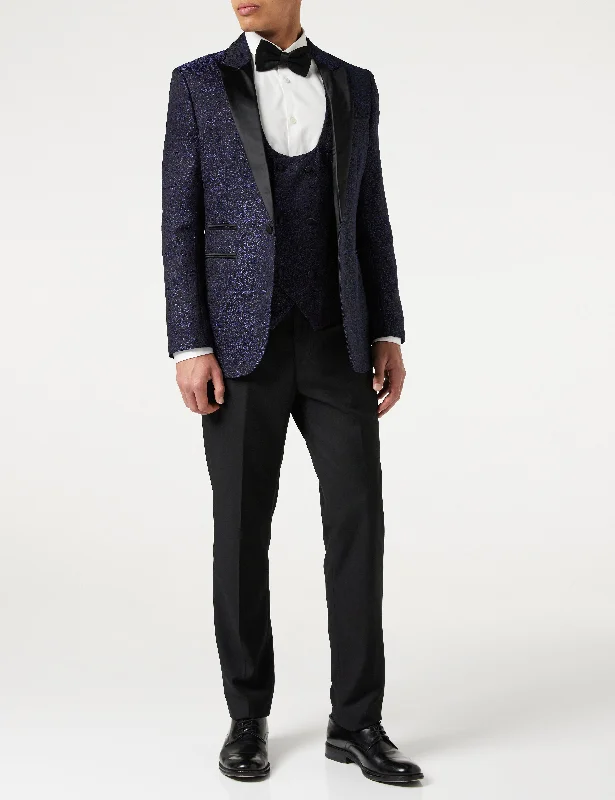 Functional Fashion BRIAN - Floral Jacquard Print Blue Tuxedo Jacket With Waistcoat