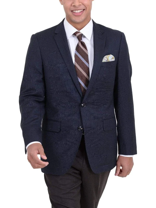 Urban Comfort Arthur Black Classic Fit Navy Hopsack Weave Two Button Wool Blazer Sportcoat