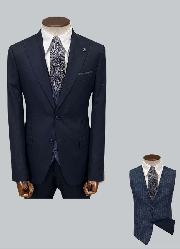 Designer Ties Peak Suit with Reversible Vest - Navy