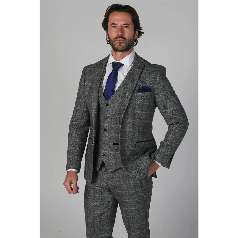 Casual Comfort Men's Grey Suit Tweed Herringbone 3 Piece Wool Blend Formal Dress Suits