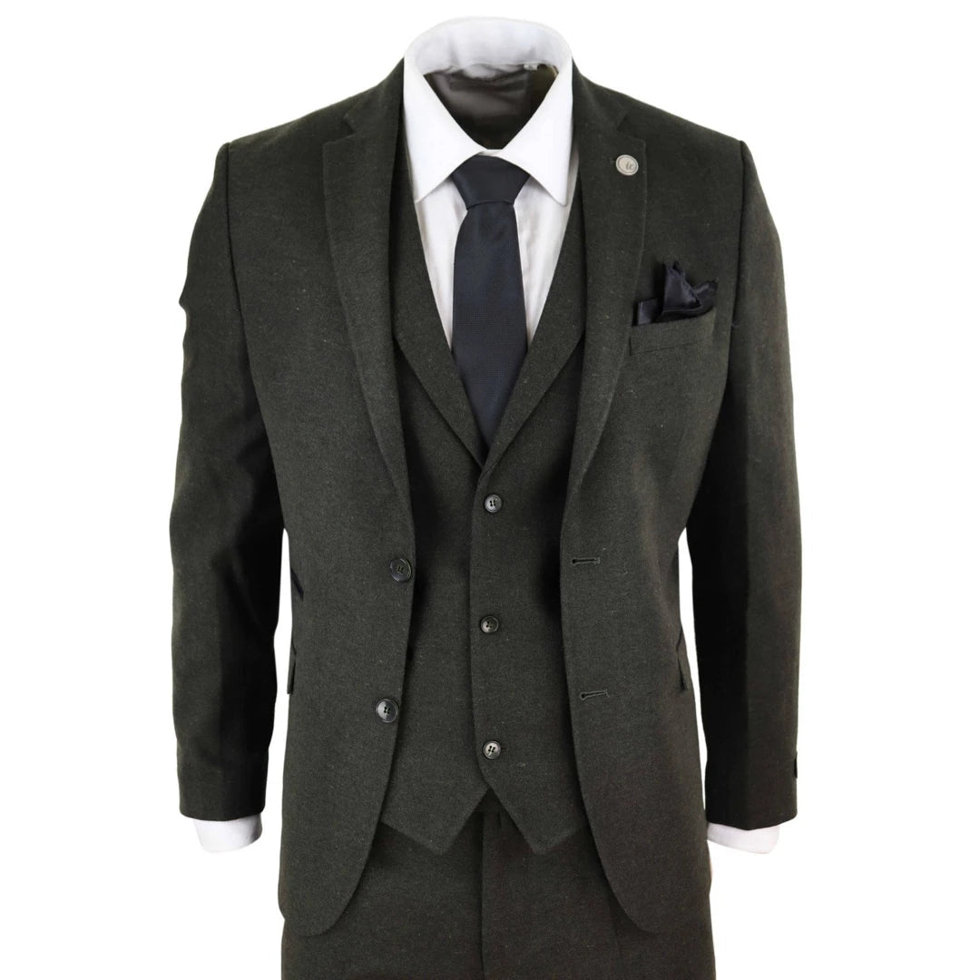 Smart Wear STZ11 - Men's Wool 3 Piece Suit Tweed Olive Green Black Classic