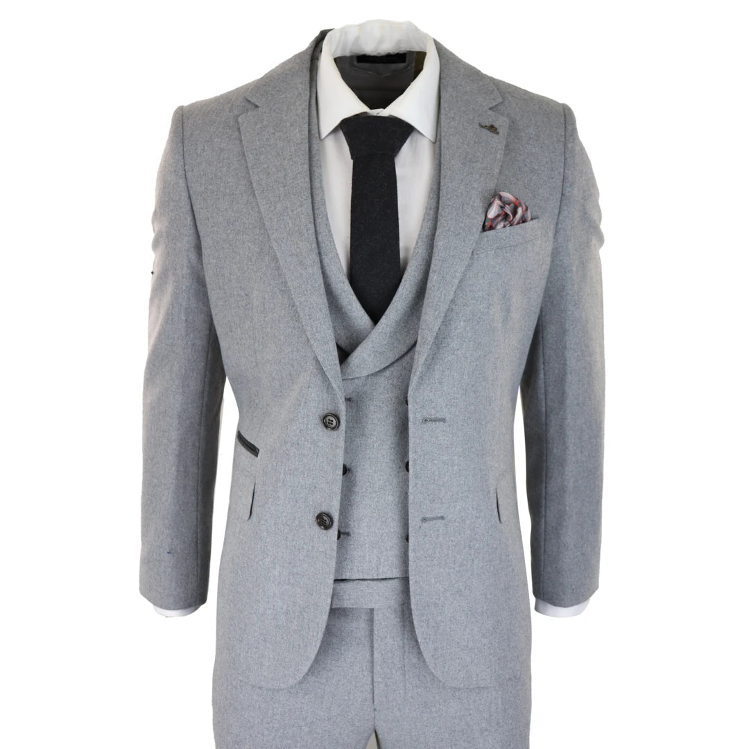 Street Hoodies 57298-Eton - Men's Wool 3 Piece Grey Suit Double Breasted Waistcoat Wedding Party 1920s