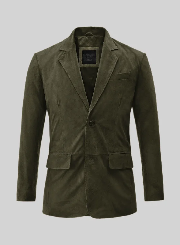 Classic Casual Olive Green Suede Leather Blazer