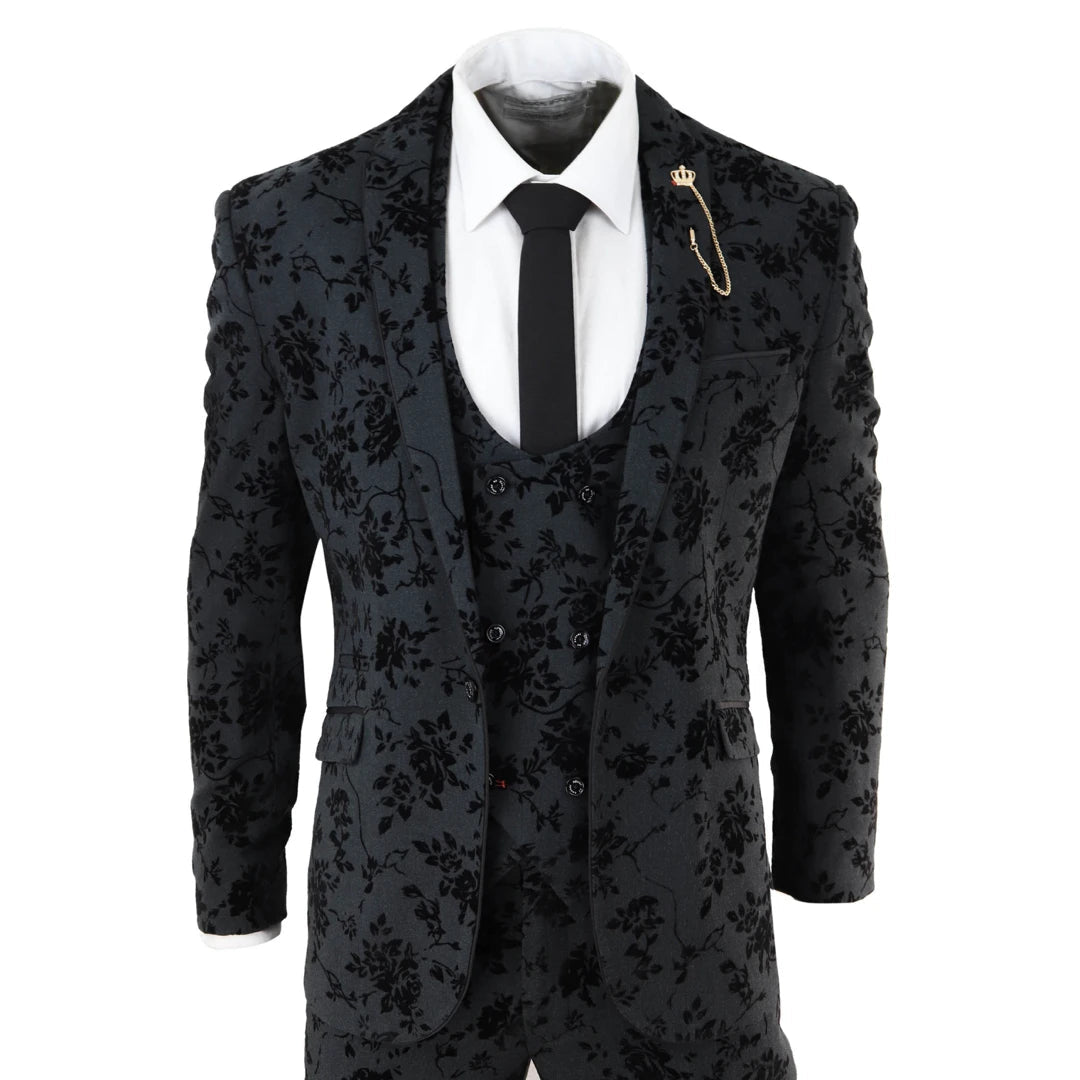 Sporty Suits Georgi - Men's Black 3 Piece Suit Paisley Velvet Wedding Groom Best Man