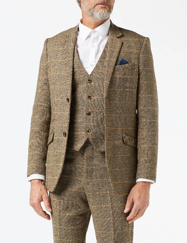 Retro Style TWEED CHECK HERRINGBONE TAN JACKET