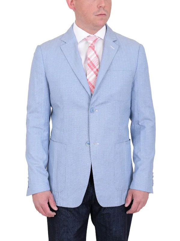 Tailored Comfort Mens Modern Fit Sky Blue Herringbone Unstructured Cotton Field Jacket Sportcoat