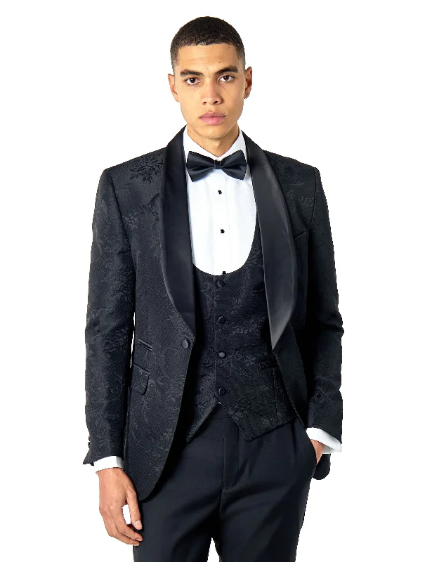 Casual Comfort HENRY – BLACK TUXEDO SUIT JACKET DAMASK FLOCKED JACQUARD PRINTED