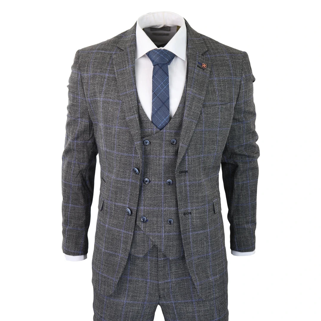 Smart Casual Power - Men's 3 Piece Suit Check Grey Blue Double Breasted Wedding