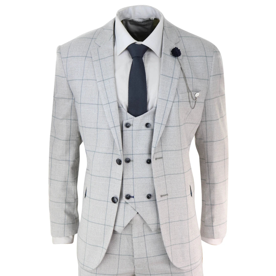 Sportswear Styles Radika - Men's Light Grey Check 3 Piece Suit Double Breasted Waistcoat