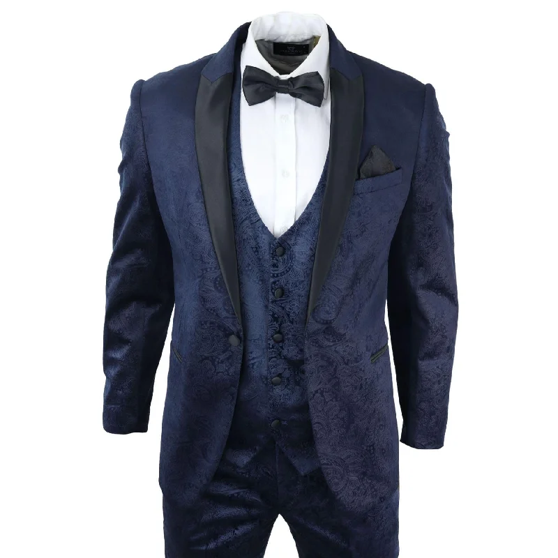 Varsity Jackets Mens Marc Darcy Velvet Paisley Blue Fit 3 Piece Suit Tuxedo Dinner Jacket Wedding