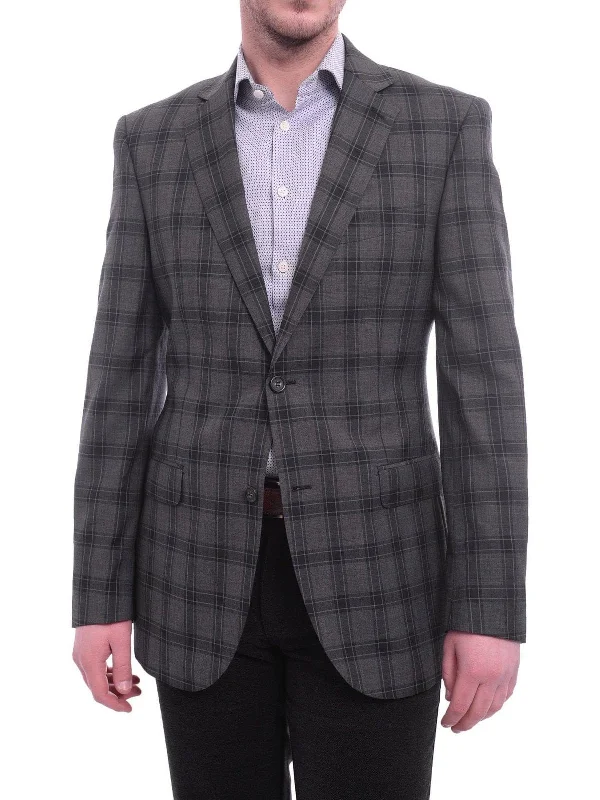 Designer Gloves Zanetti Modern Fit Charcoal Gray Windowpane Two Button Wool Blazer Sportcoat