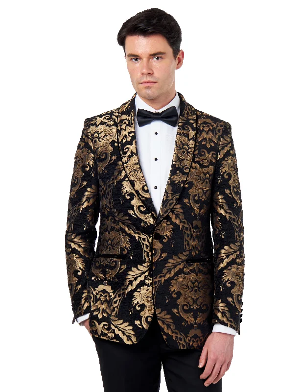 Everyday Wear GLEN – BLACK GOLD BROCADE PAISLEY PRINT TUXEDO JACKET