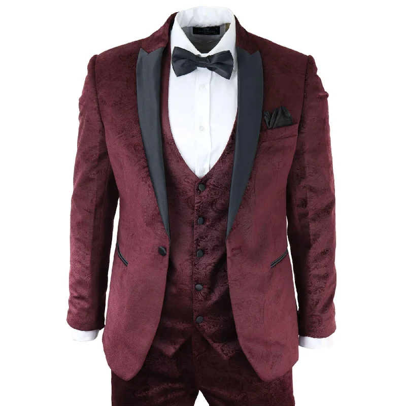 Designer Footwear Mens Marc Darcy Velvet Paisley Burgundy Fit 3 Piece Suit Tuxedo Dinner Jacket Wedding