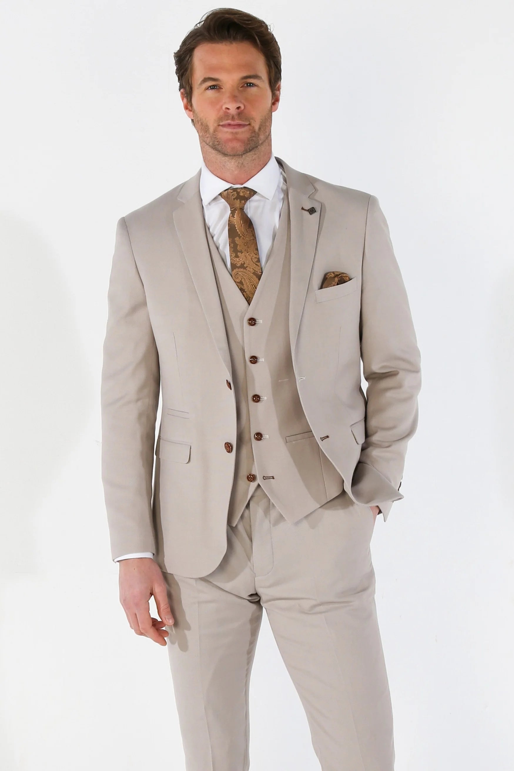 Functional Fashion Mayfair - Men's 3 Piece Beige Birdseye Wedding Suit