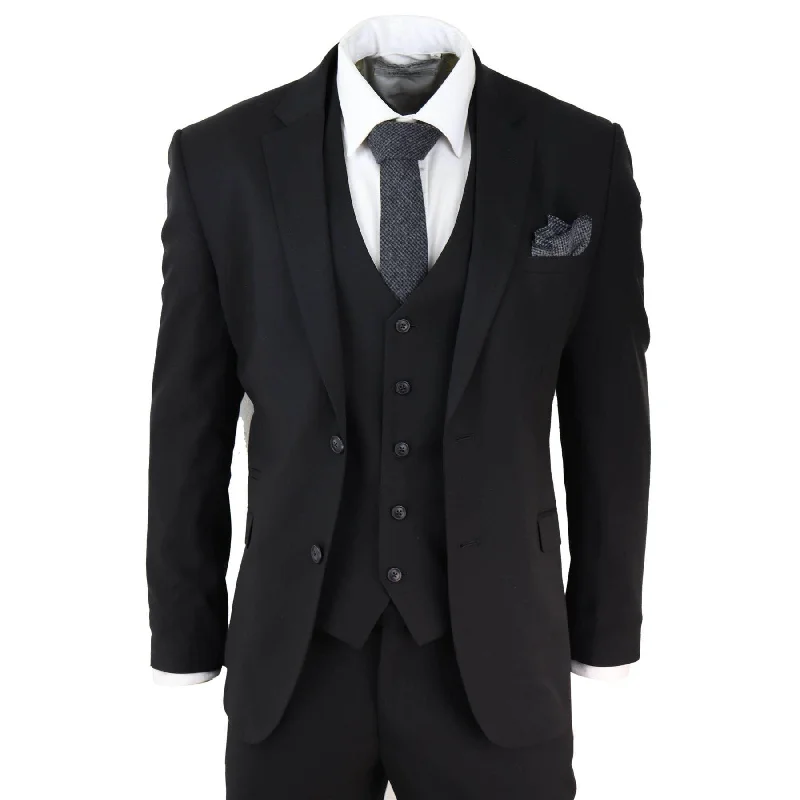 Tech Jackets Mens Black 3 Piece Suit Classic Short Regular Long Smart Formal Tailored Fit