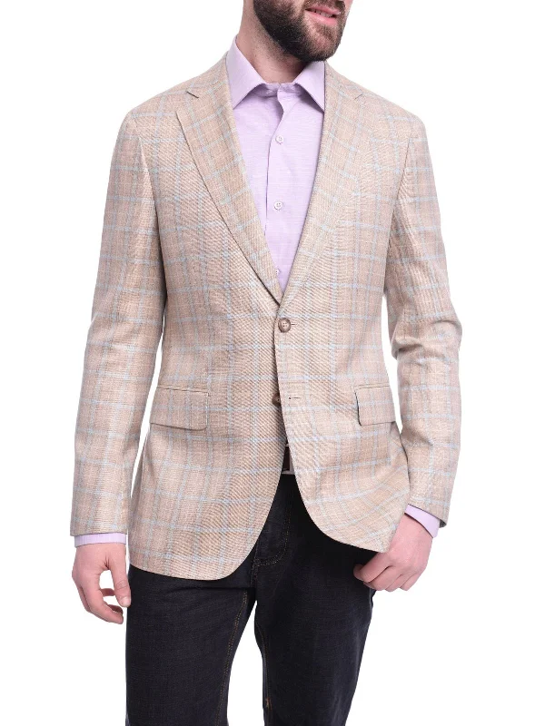 Casual Jackets Napoli Slim Fit Tan Stepweave Blue Windowpane Half Canvassed Silk Wool Blazer