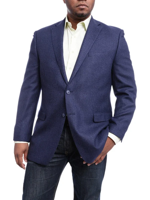 Stylish Polos I Uomo Classic Fit Navy Blue Glen Plaid Flannel Wool Blazer Sportcoat