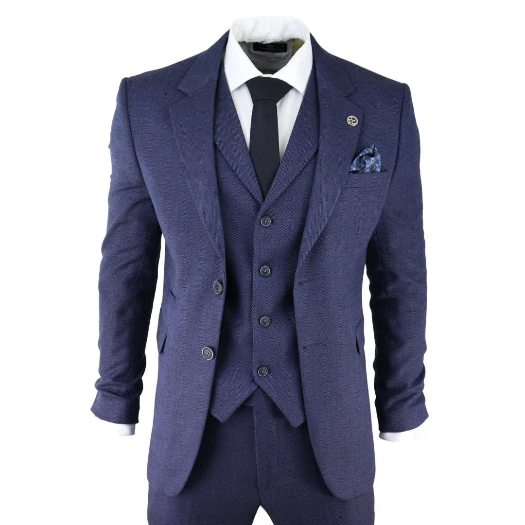 Bright Shirts AK-04 - Men's Herringbone Tweed 3 Piece Blue Suit Wedding Blinders