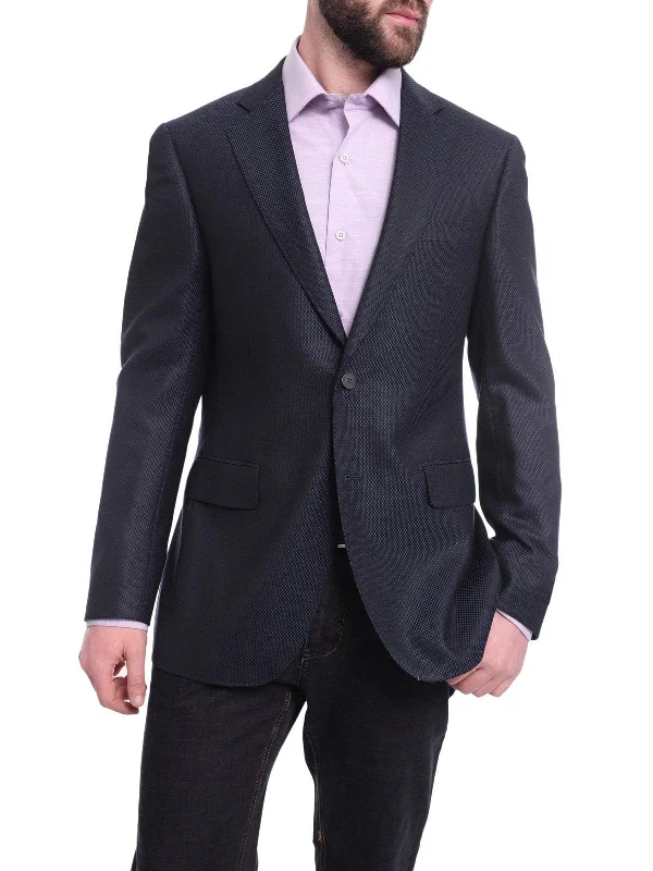 Comfortable Style Napoli Slim Fit Navy Blue Textured Two Button Half Canvassed Reda Wool Blazer