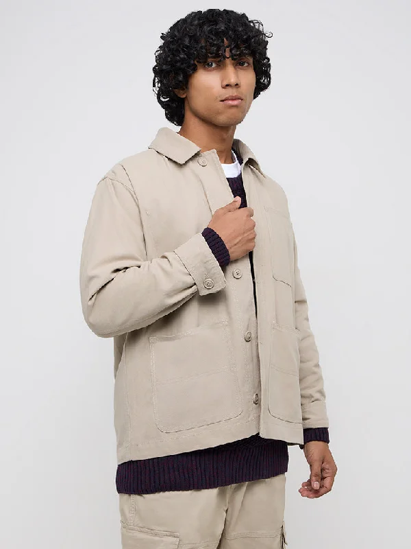 Warm Jackets WES Casuals Beige Relaxed-Fit Cotton Jacket