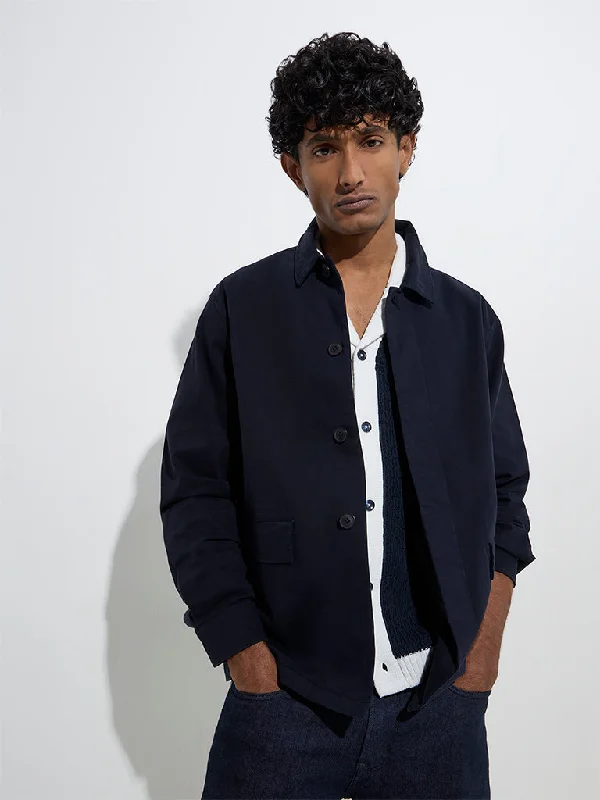 Casual Blazers Ascot Navy Solid Relaxed-Fit Cotton Jacket