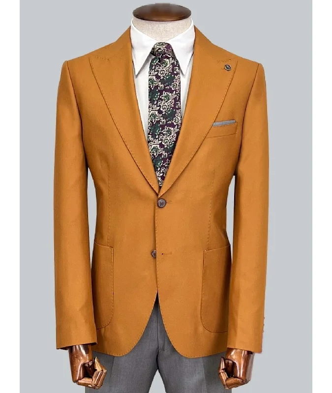 Printed Pants Contrast Suit with Peak Lapel - Tan/Grey