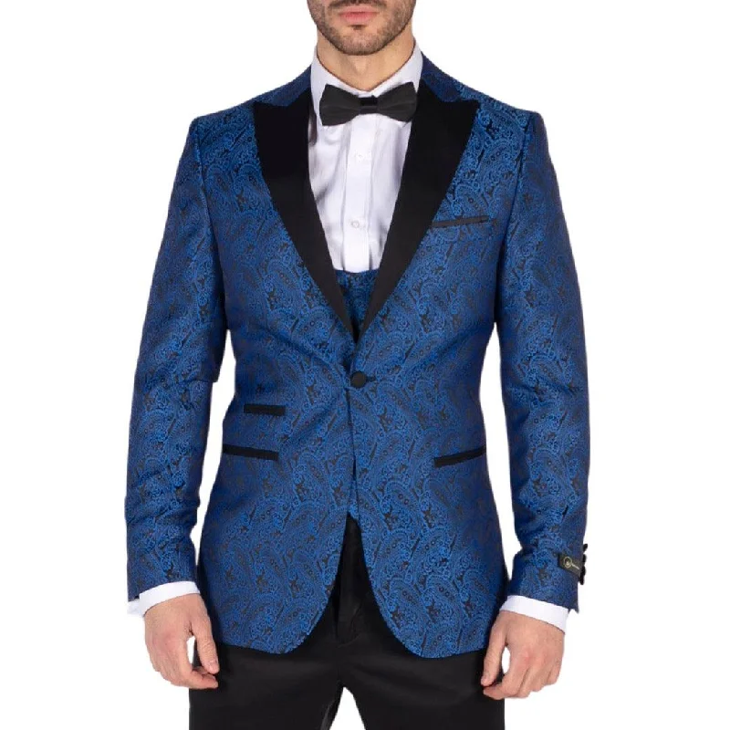 Comfortable Style Mens Paisley Tuxedo Blazer And Waistcoat Brocade Dinner Jacket Satin Black Blue