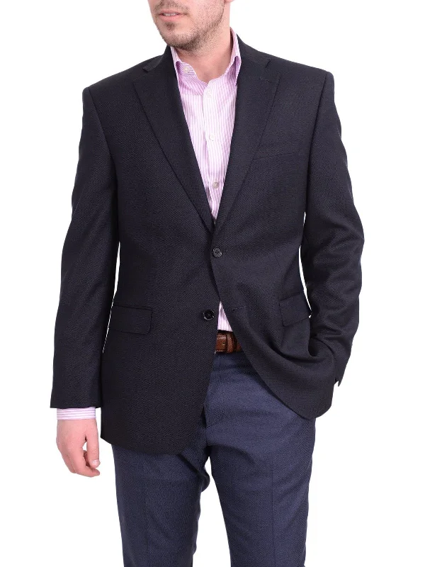 Casual Cardigans I Uomo Men's Regular Fit Navy Blue Textured Two Button Wool Blazer Sportcoat