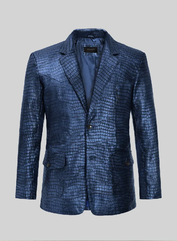 Smart Casual Croc Metallic Blue Western Leather Blazer