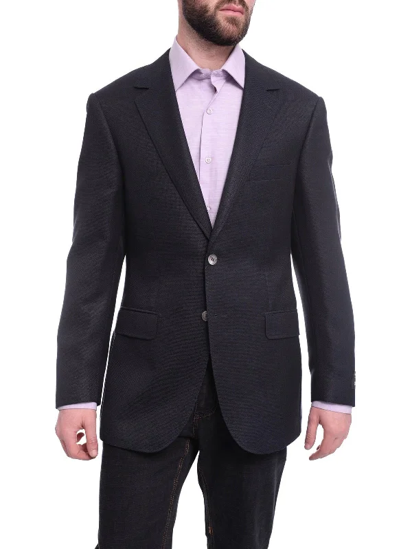 Designer Footwear Napoli Slim Fit Navy Textured Half Canvassed Wool Silk Linen Blazer Sportcoat