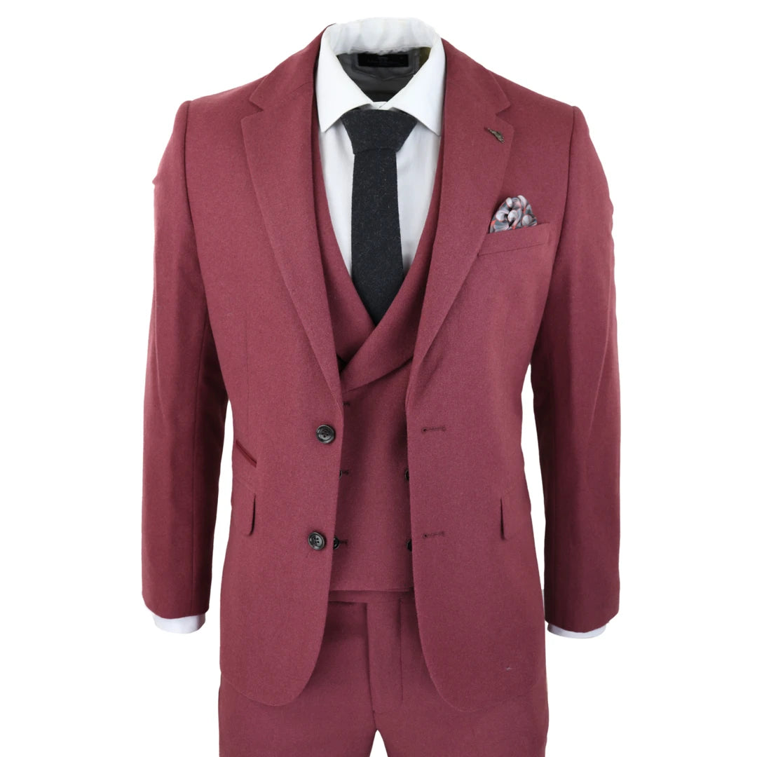 Casual Hoodies 57298-Eton - Men's Wool 3 Piece Burgundy Red Suit Double Breasted Wedding Party 1920s